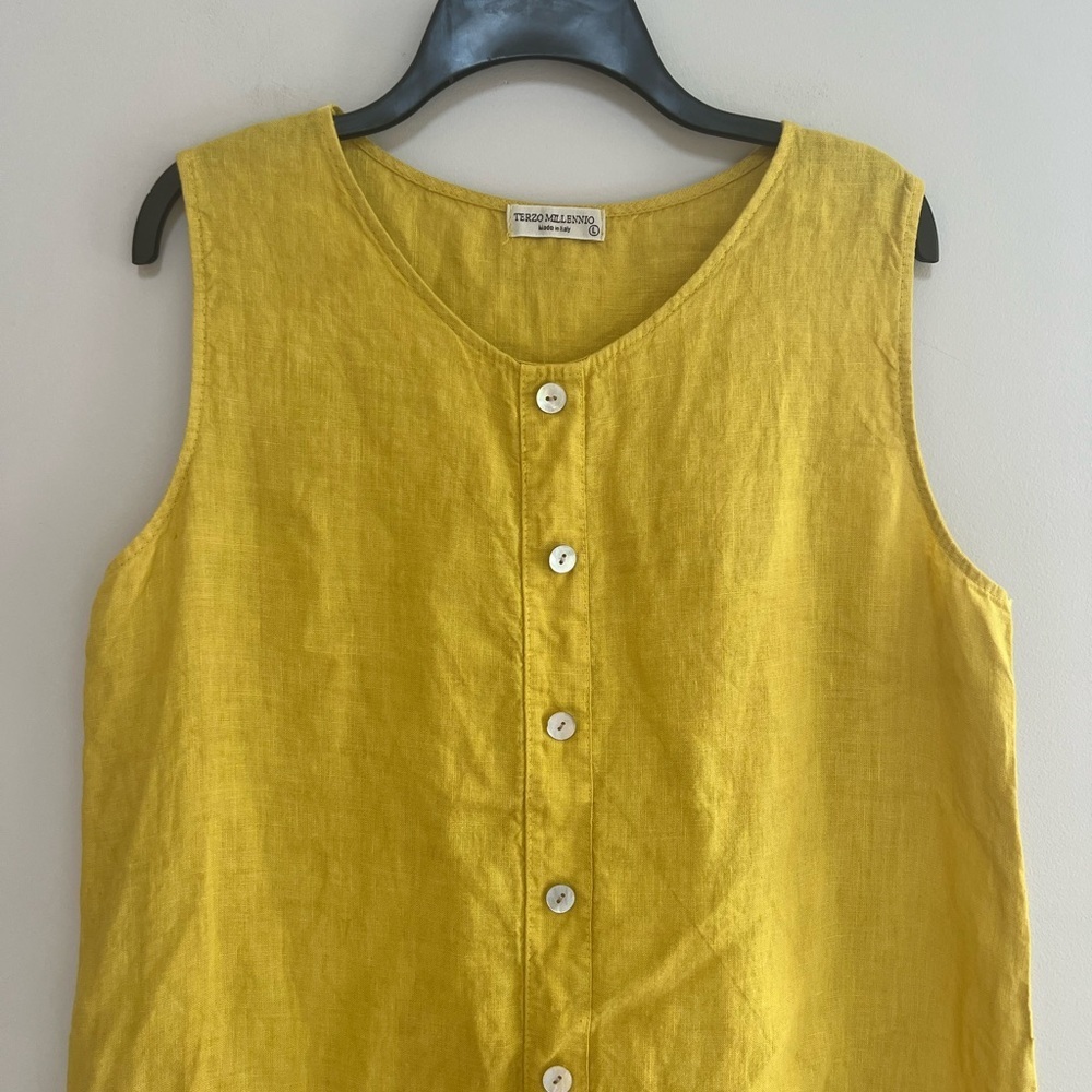 Terzo Millennio 100% Linen Ruffle Hem Shift Dress in Chartreuse Yellow, L - Picture 7 of 7